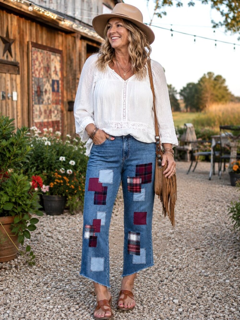 Upcycled Patchwork Jeans, Grunge Cropped Pants Plaid Flannel Patches Size 16